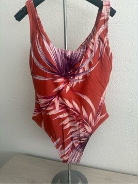 Kona Sol Rust One-Piece Swimsuit with Pink & Purple Palm Print